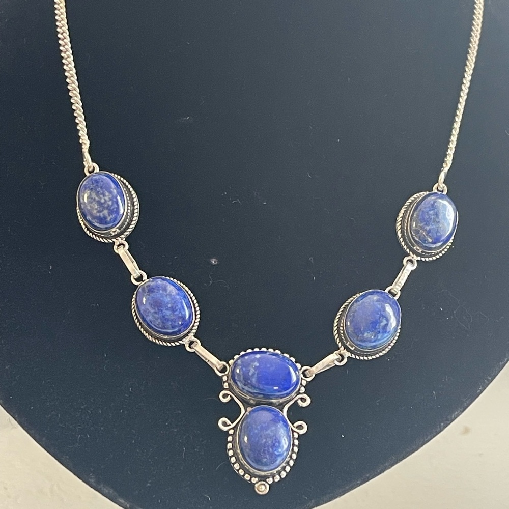 Vintage Blue Lapis Cabochon Sterling Silver 925 Filigree Beads Necklace 18.5” - Picture 7 of 9